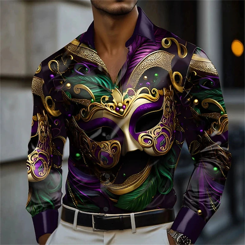 Men's Carnival Themed Feather Mask Print Long-Sleeve Shirt, Fashionable Street Style Party Casual Loose Fit Men's Top XS-6XL