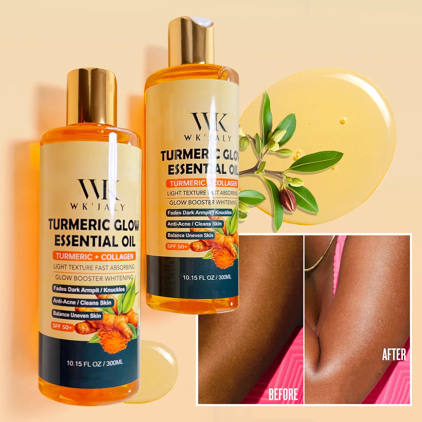 WK JALY Turmeric Whitening Essential Oil, With Collagen, Moisturizing, Brighten, Remove Acne, Dark Spots, for All Skin, 300ml