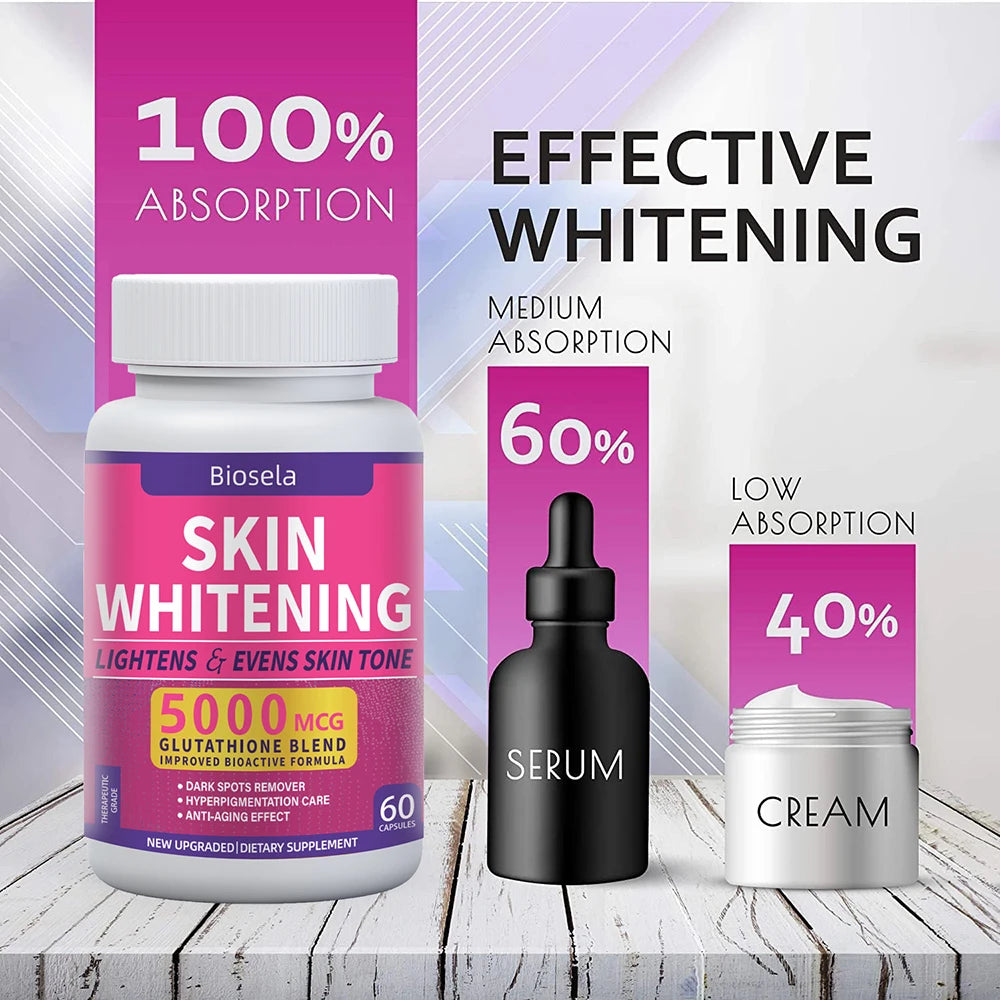 Glutathione Whitening Pills Dark Spots & Acne Scar Remover 5000mcg Vegan Skin Bleaching Pills with Anti-Aging & Antioxidant