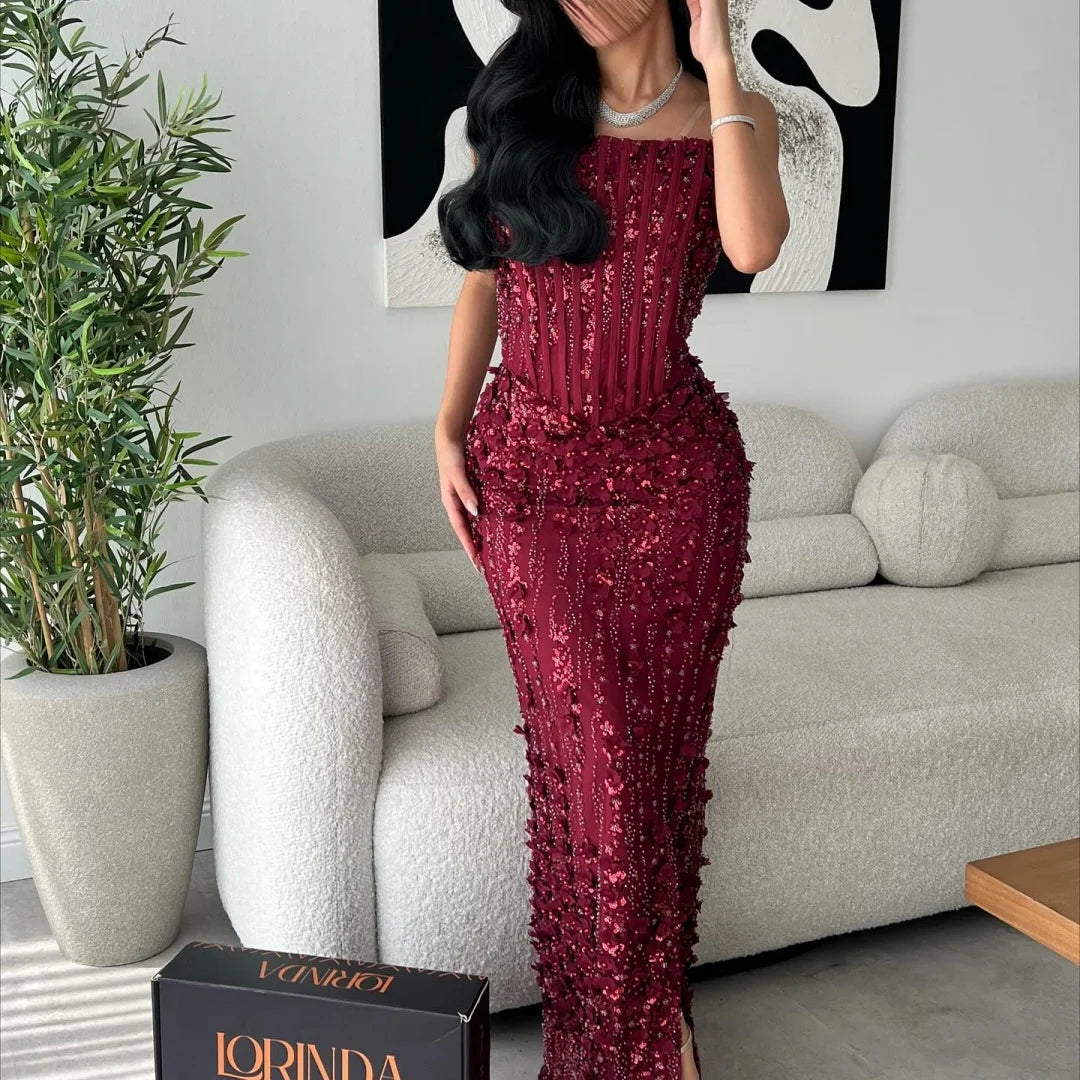 Bella Customized Burgundy Strapless Ruffled 3D Beaded Prom Dress Slim Fit High Slit Party Dresses Floor-Length Elegant 2025