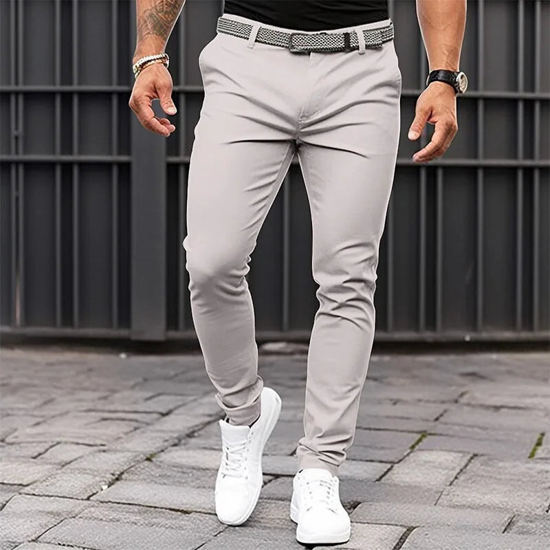 Men's Solid-color Slim-fit Pants with Front Pockets and Zippers for Business Casual Wear with Tapered Bottom Pants Men