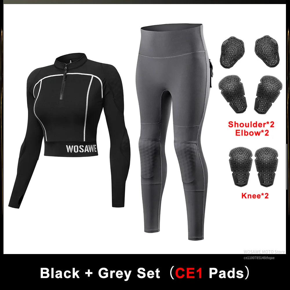 WOSAWE CE Level 1/2 Motorcycle Soft Armor Jacket Pants Set Women Biker Street Riding Clothing Sexy Fit Hip Lifting Training Wear