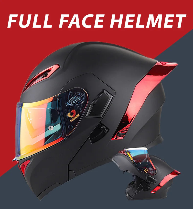 DOT Approved Men's Motorcycle Helmet Full Face Helmet with Double Visor Flip Up Motocross Helmet Four Seasons Universal