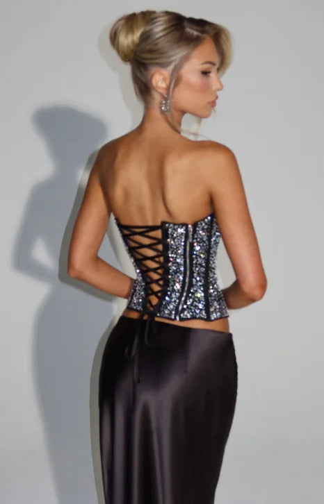 Sexy Sequin Top Long Skirt Set Women Strapless Off-shoulder Slim Tops High Waist Satin Skirts Sets Lady Vacation Party Outfits