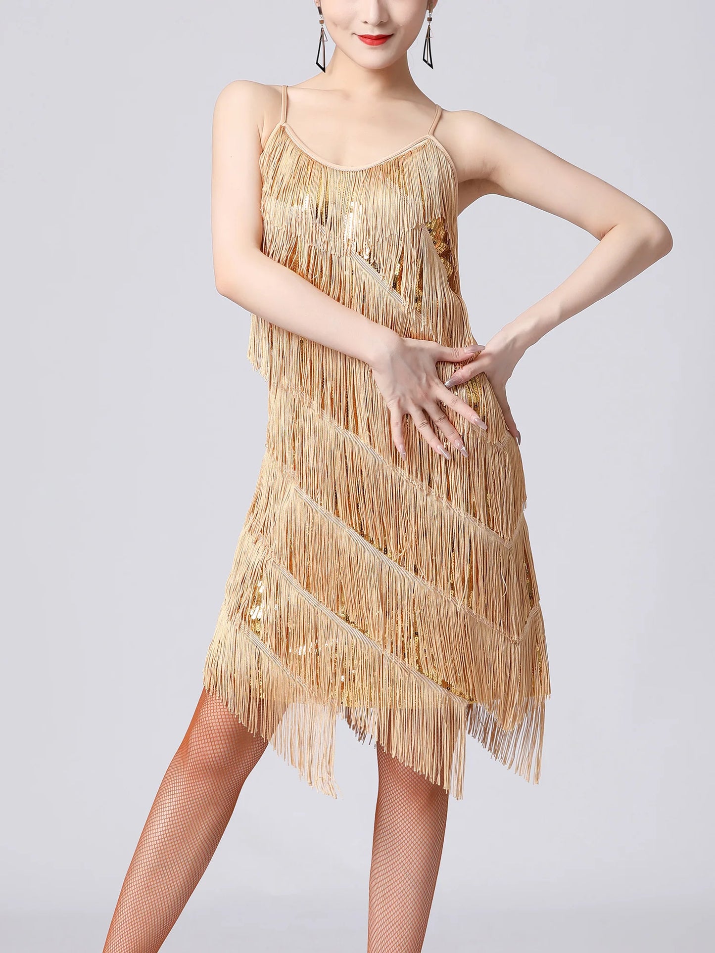 Women Salsa Latin Dance Dress Sequin Tassel Fringe Flapper Dress 1920s Gatsby Cocktail Dress Tango Ballroom Dancing Costume