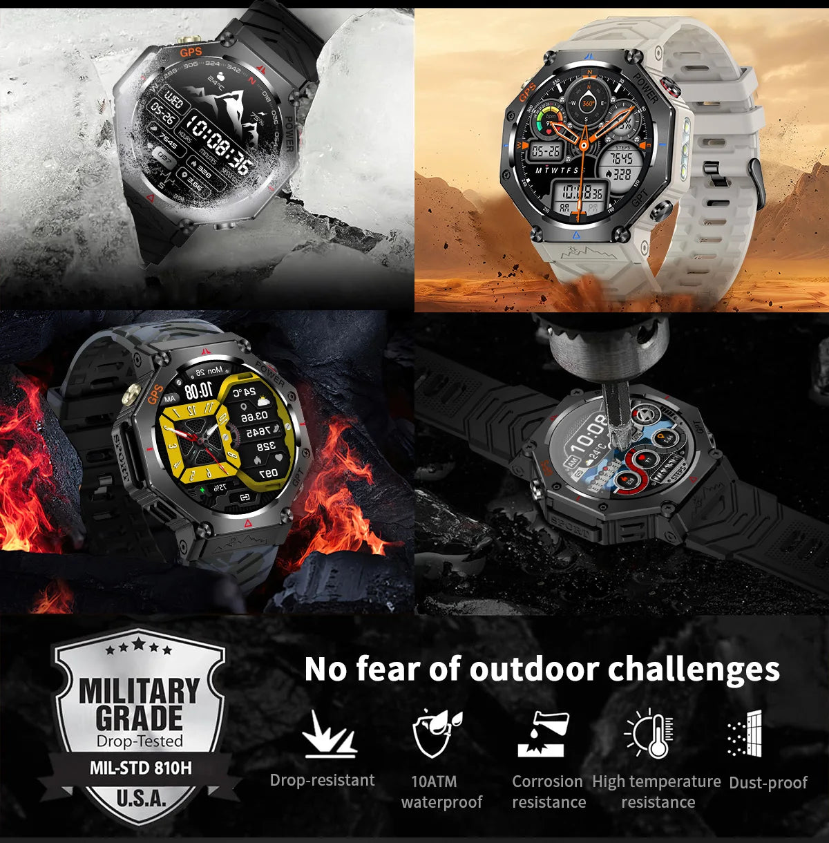 T-Rex 3 Ultra Military Grade GPS Smart Watch 10ATM Waterproof Compass Altimeter Barometric AMOLED Men HD Call Sports Smartwatch