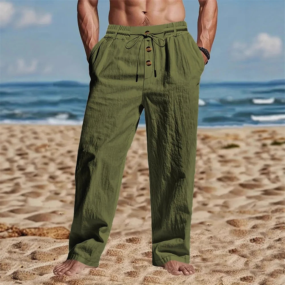 New men's breathable casual cotton-linen trousers, stylish street-style athletic pants, loose straight leg, suitable for beach a