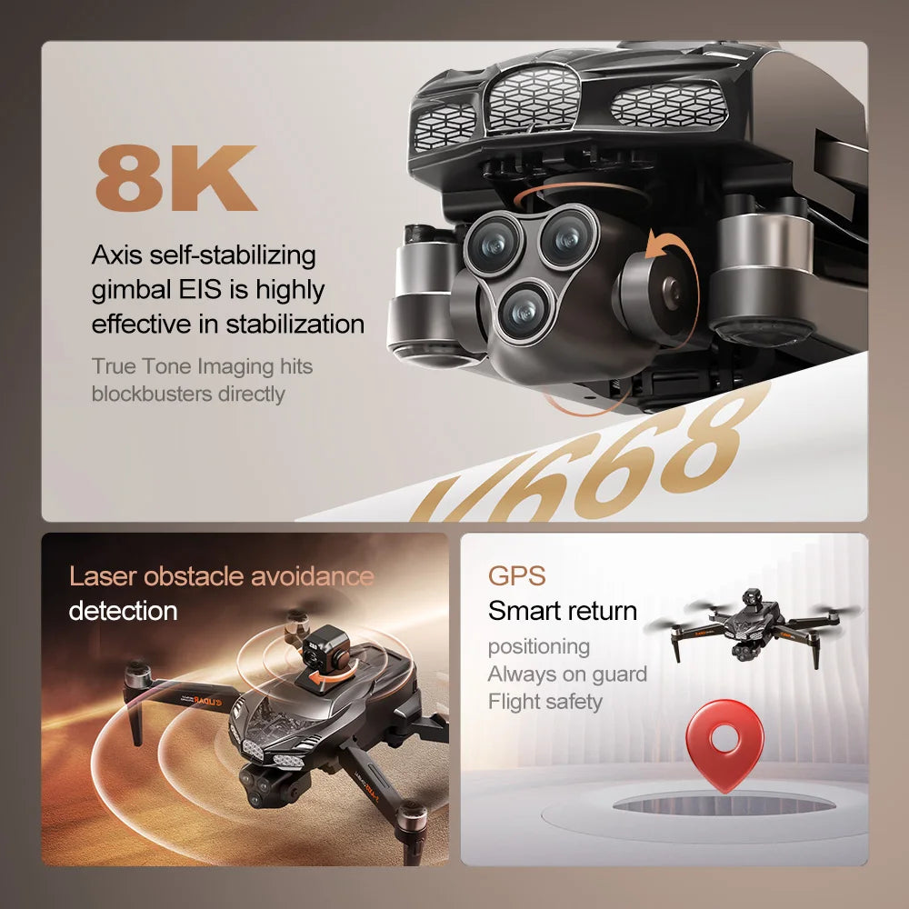 V668 GPS Drone 8K Professional 3-Axis PTZ HD Three Camera 5G WIFI FPV Dron Obstacle Avoidance Brushless Motor RC Quadcopter Toys