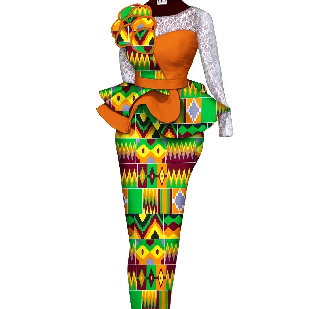 African Skirt Sets Women Suit Long Straight Skirts and Tops with Lace Decoration Bazin Riche Traditional African Clothing WY6195