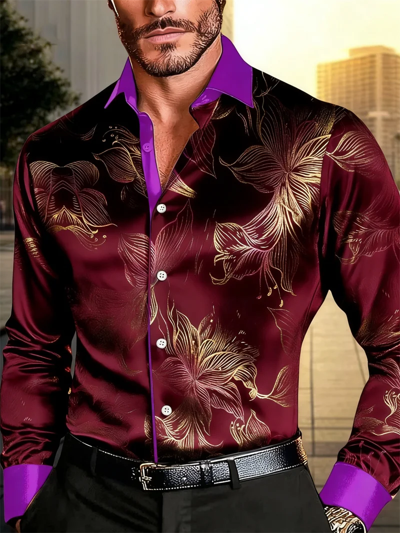 New men's long sleeved shirt casual fashion 3D petal print high-quality shirt single breasted long sleeved top