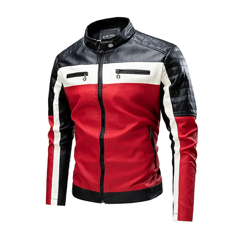 Men's Casual Biker PU Leather Jacket New 2025 Fashion Color Block British Style Motorcycle Jacket Men's Clothing Outerwear