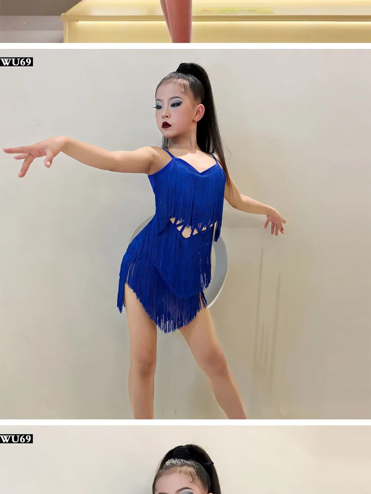 Latin american Dance velvet feather Long Dress Girls Kids Samba Salsa Cha Cha Rumba Tango Children Competition Ballroom Dresses