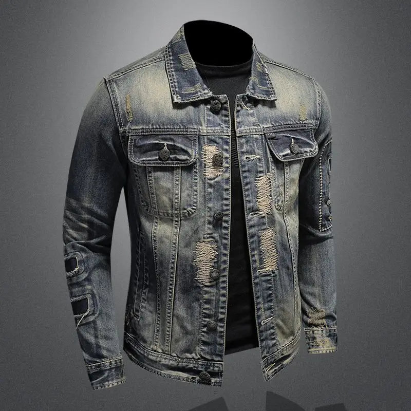 2025 Men's Autumn Winter Brand Casual Cotton Jacket with American Retro Motorcycle Embroidered Street Fashion Grey Jeans Coat