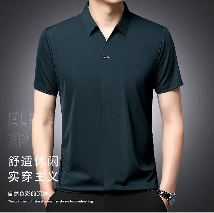 High End Mulberry Silk T-shirts Man Long Sleeve Tops Business Casual Elastic Non-iron Seamless Quality Luxurious Men Polo Shirts
