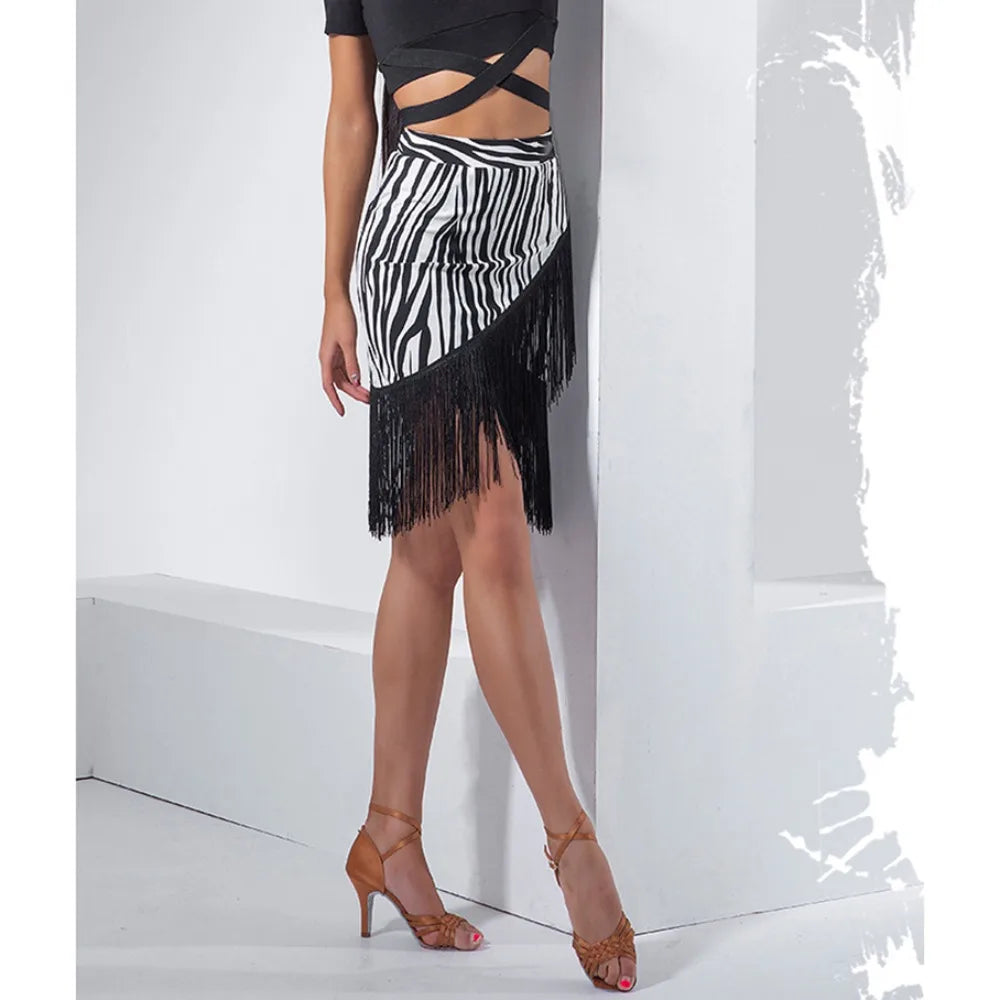 Women Latin Dance Skirt Asymmetrical Cross Hem Fringe Short Skirt Salsa Practice Performance