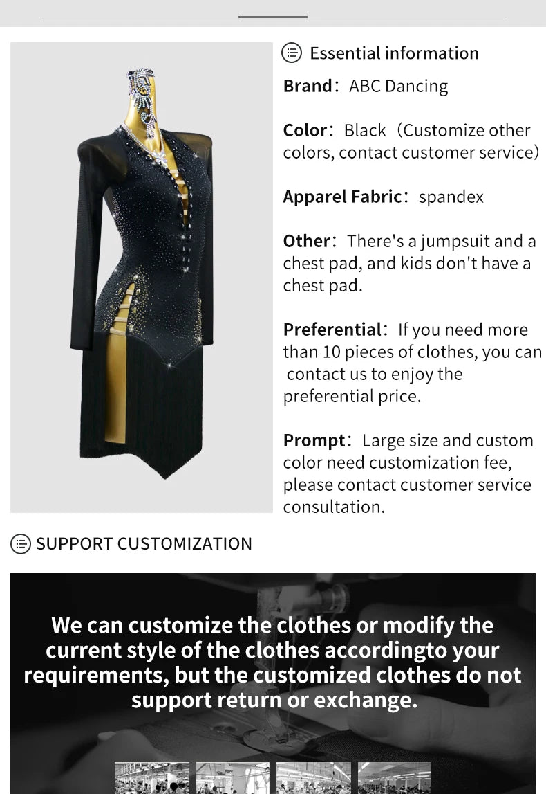 Black Latin Dance Dress Stage Clothes Women Costume Outfit Sport Line Wear Girls Prom Skirt Party Evening Female Suit Customized