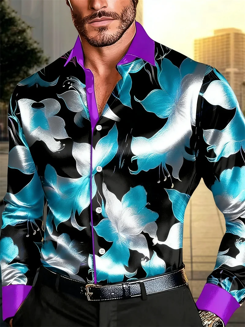New men's long sleeved shirt casual fashion 3D petal print high-quality shirt single breasted long sleeved top
