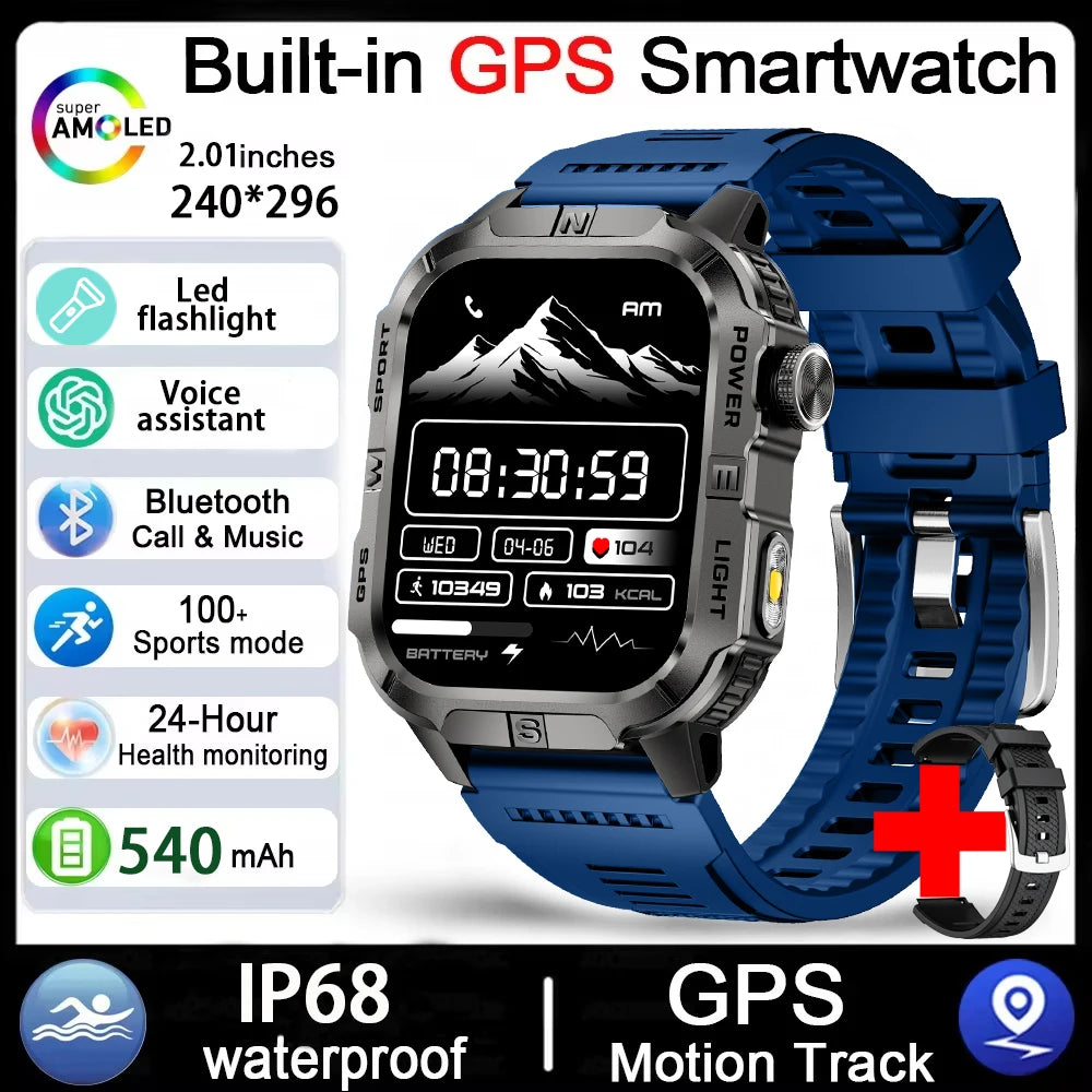2026 New Outdoor Military Men's Smartwatch Is Equipped With GPS LED Lighting, A Compass, Wireless Communication, IP68 Waterproof