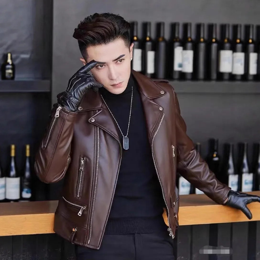 Men's Slim Fit PU Leather Jacket Fashionable Motorcycle Style Spring Autumn Korean Version Casual Outerwear Male Biker Coat