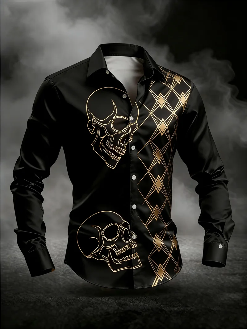Fashion men's long sleeved shirt skull 3D print rose series gold black skull men's top soft long sleeved shirt Men Clothing