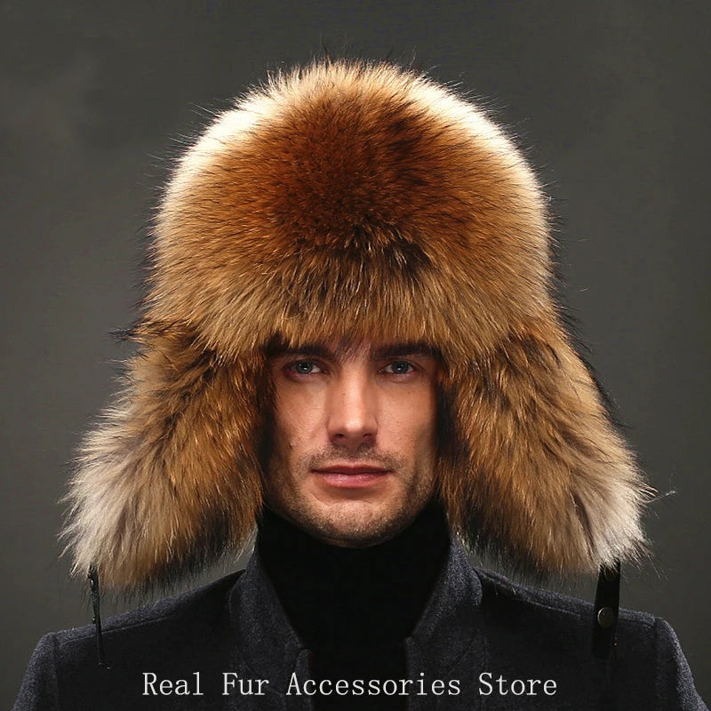 Hot high-end luxury fur hat Men's fox fur hat Lei Feng cap ear cap fur necessary hat Real fur hat 100% Sheepskin top fox hat