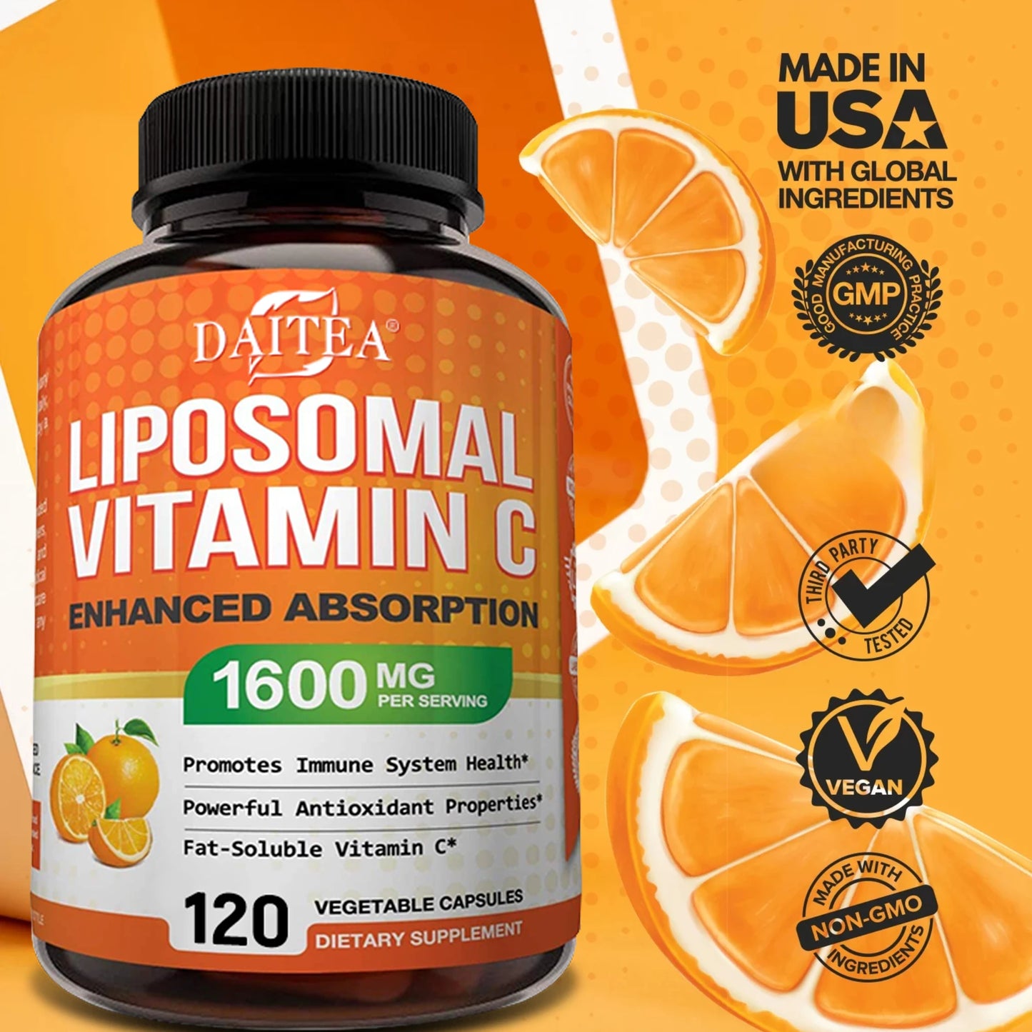 Liposomal Vitamin C 1600 Mg - Highly Absorbable, Fat Soluble Vitamin C, Antioxidant Supplement, Immune System & Collagen Booster