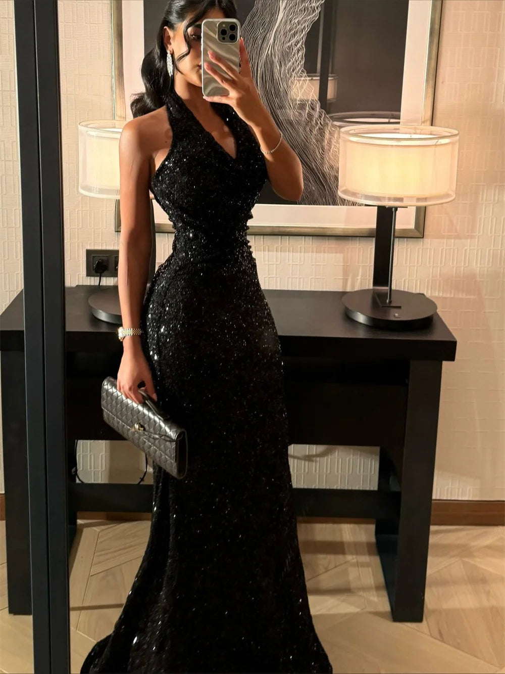 Cathy Customized Black Sequin Halter Neck Prom Dress Elegant Mermaid vestidos de noiva Sleeveless Floor-length Evening Dresses