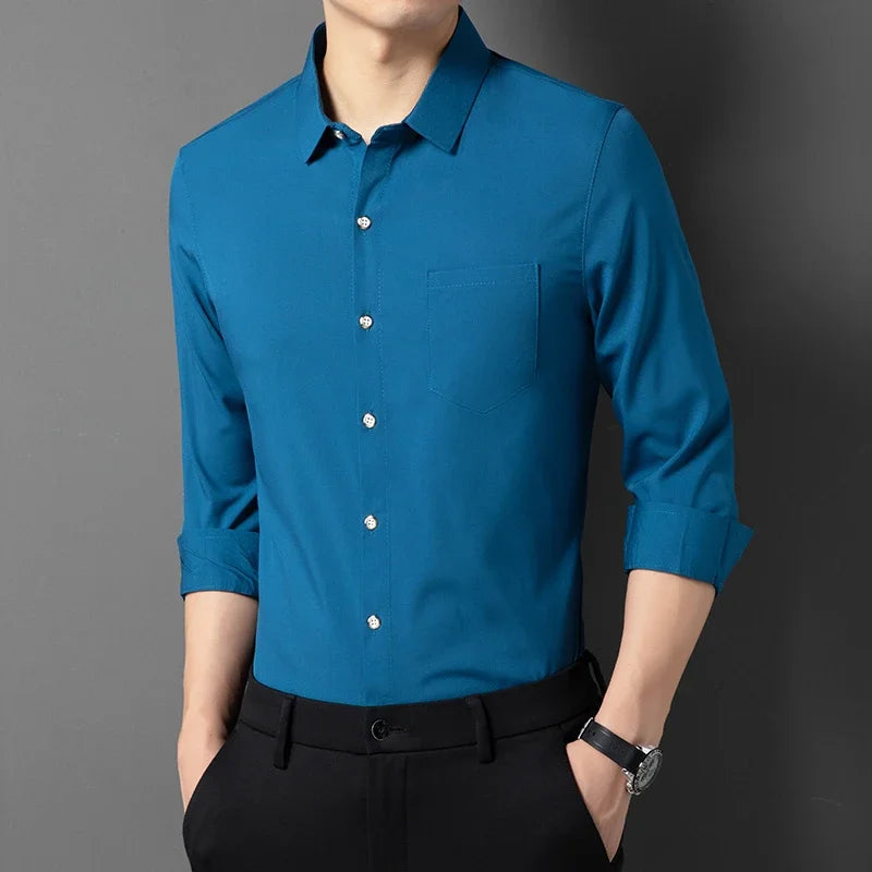 Men's New Casual and Fashionable Long Sleeved Shirt with Pockets Comfortable Wrinkle Resistant and Iron Free Collared Shirt