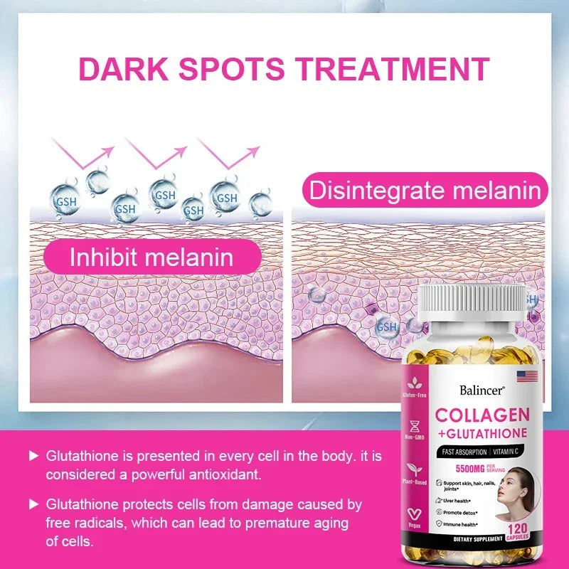 Balincer 5500mg Hydrolyzed Collagen 2200mg Glutathione 1300mg Biotin MSM and Vitamin C B6 B3 Capsule Nutritional Supplement