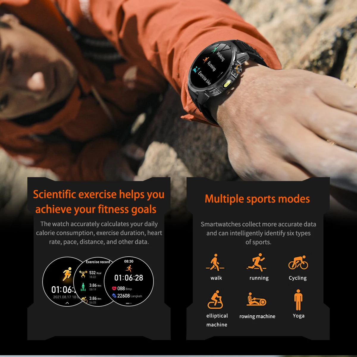 Fanwear men's smart watch SOS distress light +LED flashlight dual light mode 1000 mAh battery GPS trajectory 1.85 inch AMOLED