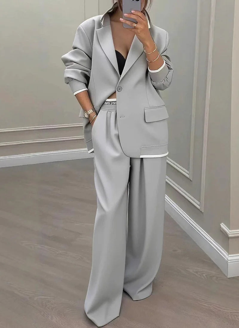 Temperament Women's Pants Suit Loose Solid Color Autumn Winter Commuting Long-sleeved Lapel Top Wide-leg Trousers Two-piece Set