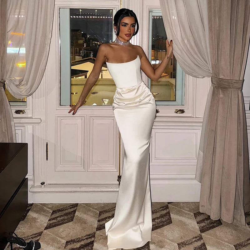 Solid White Strapless High Waist Maxi Dress Women Elegant Sleeveless Backless Pleated Satin Slim Dresses  Party Evening Gowns