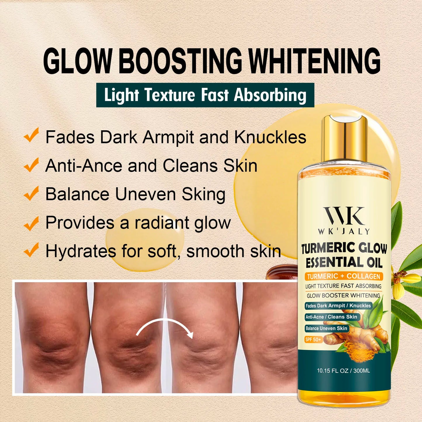 WK JALY Turmeric Whitening Essential Oil, With Collagen, Moisturizing, Brighten, Remove Acne, Dark Spots, for All Skin, 300ml