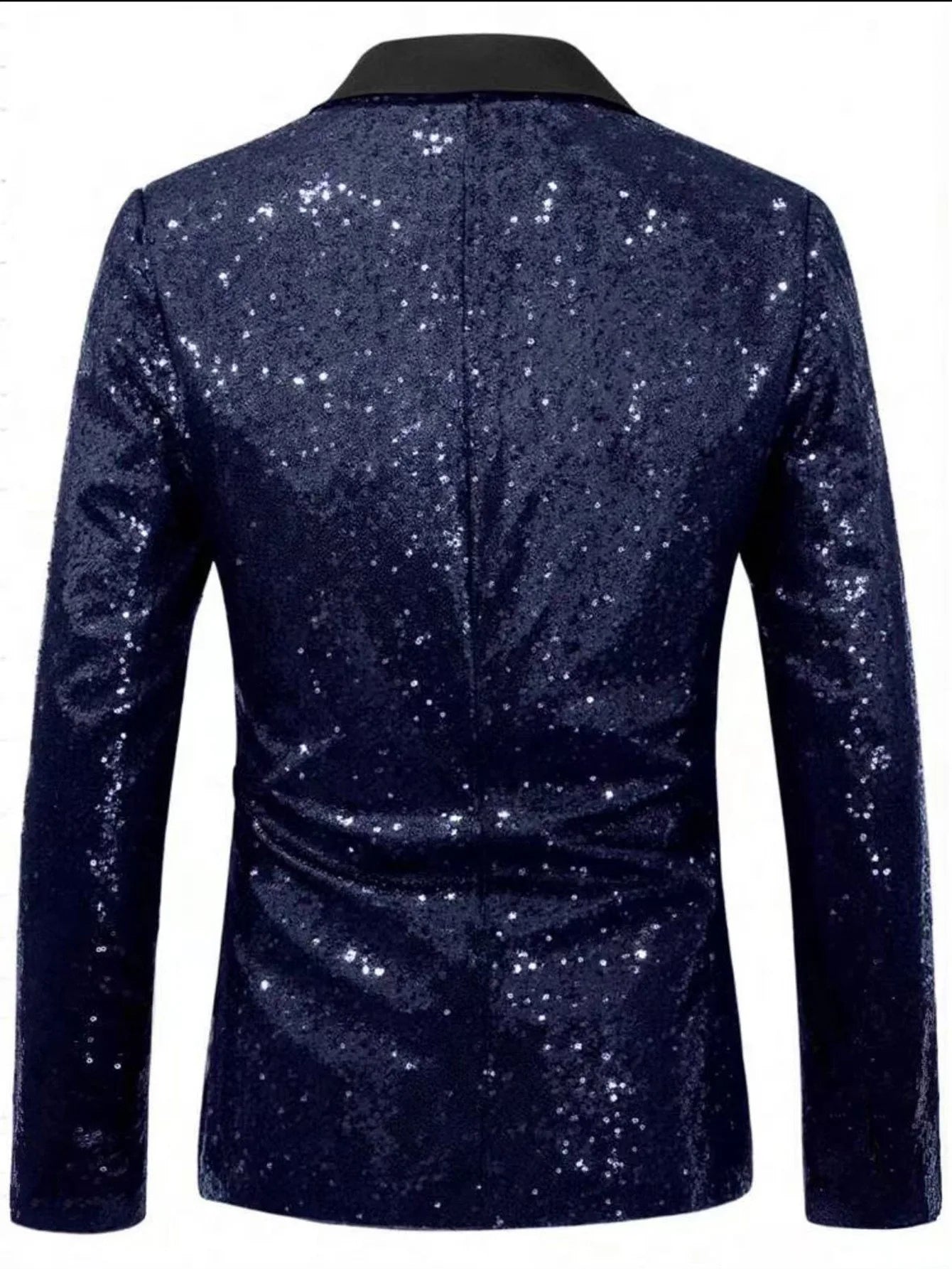 Shiny Sequin Tuxedo Jacket for Men - Royal Blue & Gold Gradient, Black Lapel, Formal Party/Wedding/Stage Wear‌ Coat.