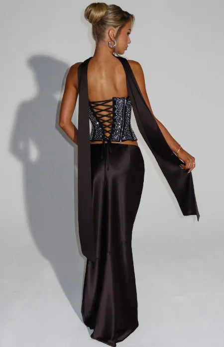 Sexy Sequin Top Long Skirt Set Women Strapless Off-shoulder Slim Tops High Waist Satin Skirts Sets Lady Vacation Party Outfits