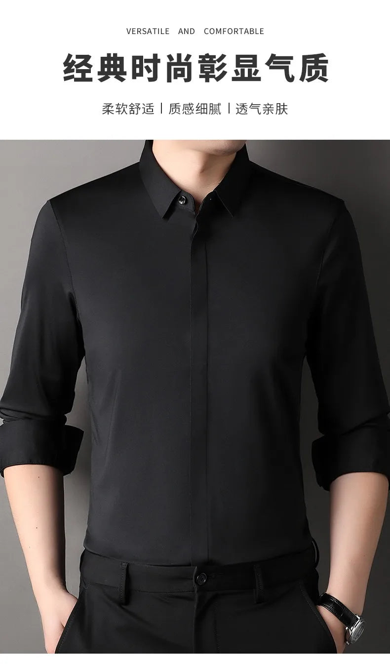 High end Mulberry Silk Dress Shirts Business Men Wrinkle Resistant Button Invisible Elastic Tops Luxurious Male Quality Clothing