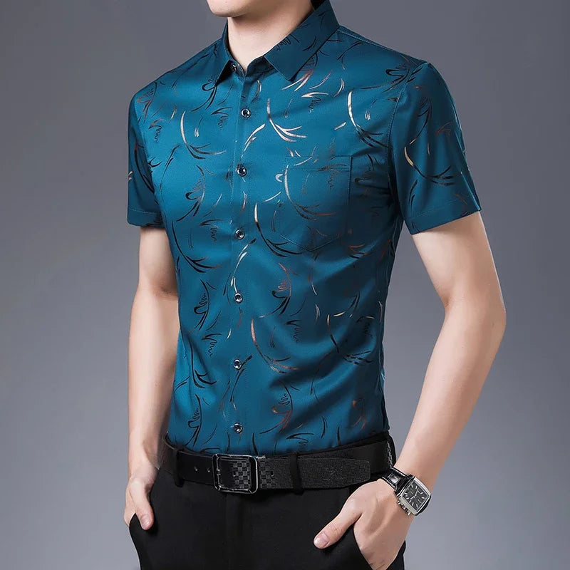 New Men's Casual Printed Short Sleeved Lapel Shirt for Summer Fashion Comfort No Ironing Wrinkle Resistant Top