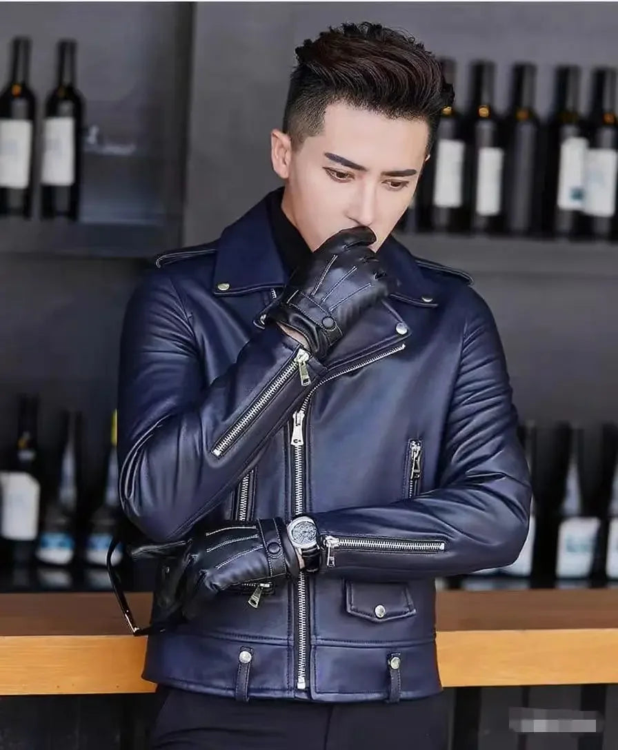 Men's Slim Fit PU Leather Jacket Fashionable Motorcycle Style Spring Autumn Korean Version Casual Outerwear Male Biker Coat