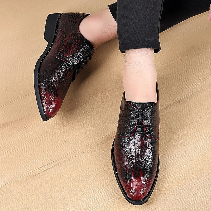 Men's Lace-Up Retro British-Style Casual Shoe Crocodile-Patterned Pointed Toe Formal Shoe Comfortable And Breathable Party Shoes