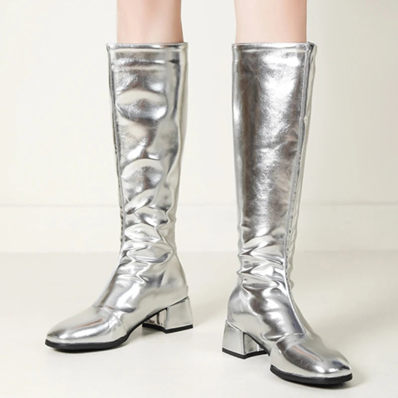 Women's Knee High Boots Winter Shoes 2025 Gold Silver Low Heeled Long Boot Ladies Party Footwear Shoes Large Size 45 Waterproof