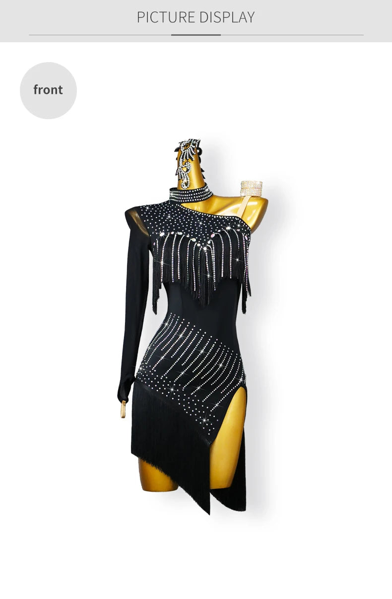 New Black Latin Dance Fringe Dresses Sexy Adult Women Competition Costume Ballroom Skirt Salsa Samba Party Stage Wear Customized