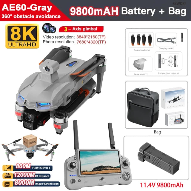 AE60 Ultra GPS Drone Profesional 8K HD Camera 3-axis gimbal Aerial Photography 12KM Obstacle Avoidance FPV Airdrop Fishing Drone