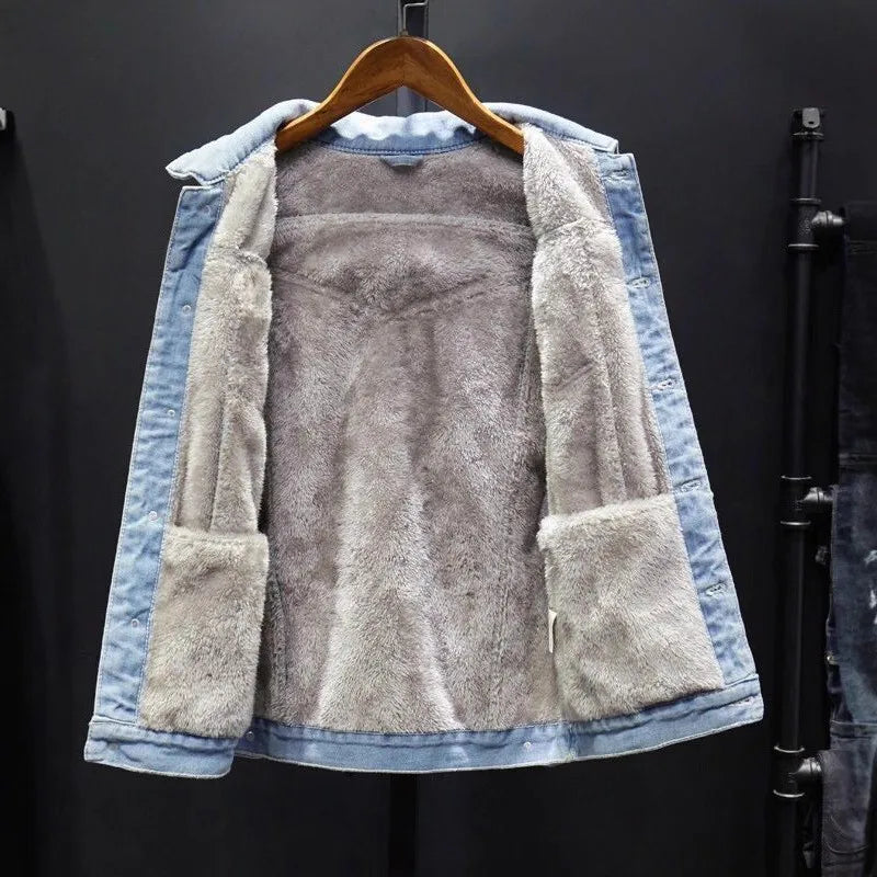 Men's Denim Cotton Jaet Fce Lined Thi Warm Outerwear Korean Sle Versatile Student Jaet Top Trendy Autumn Winter Coat