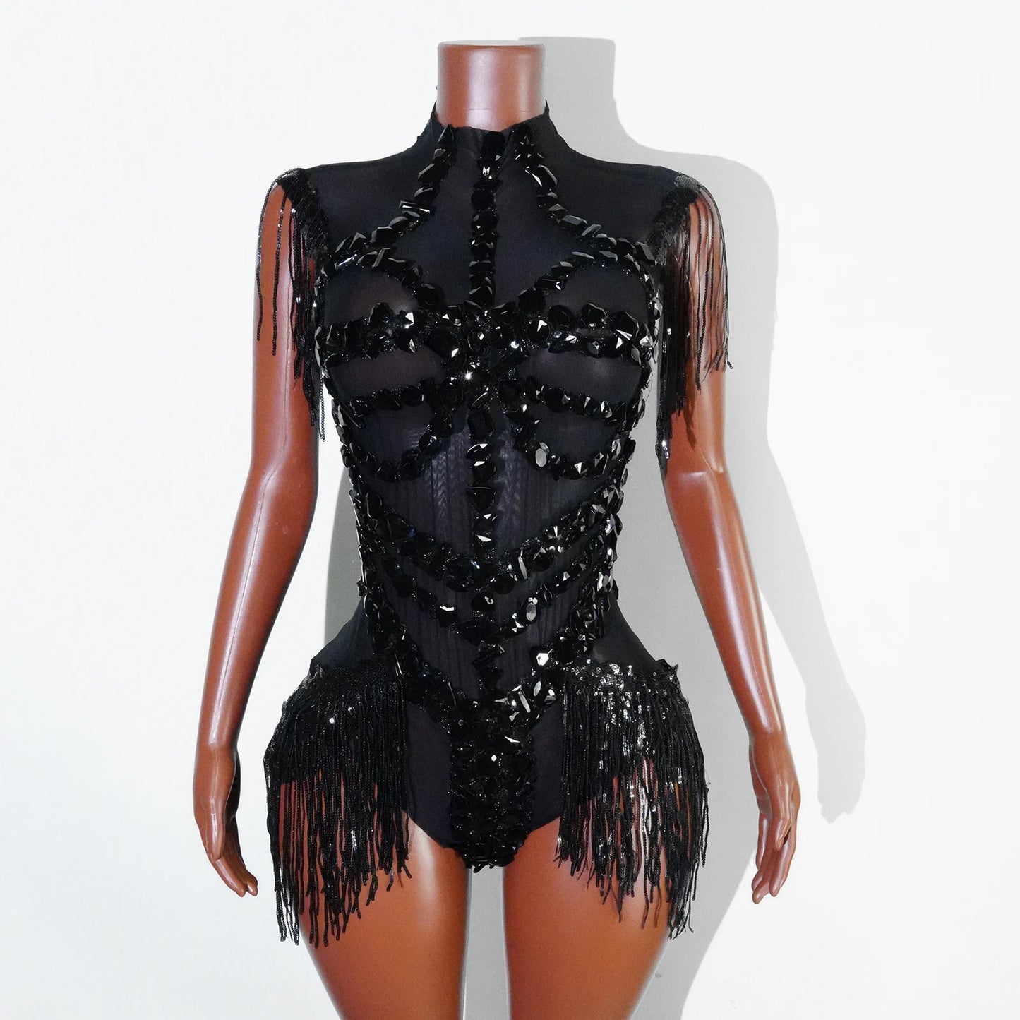 Sexy Mesh Sheer Black Rhinestone rhinestone Bodysuit Singer Dancer Show Stage Outfit Celebrate Party Night Club Performance Waer