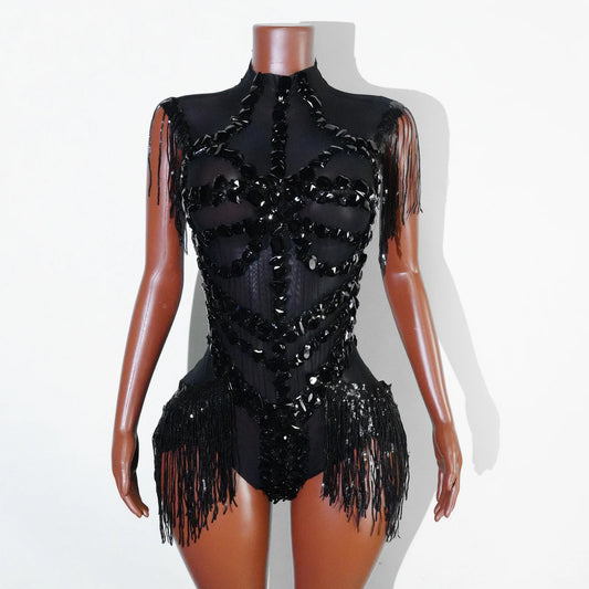 Sexy Mesh Sheer Black Rhinestone rhinestone Bodysuit Singer Dancer Show Stage Outfit Celebrate Party Night Club Performance Waer