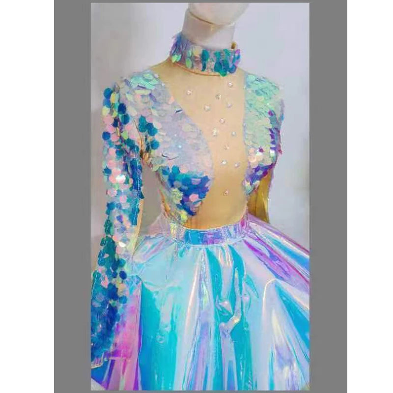 Sexy Mermaid Cosplay Jumpsuit Women Colorful Sequins Fish Scale Rhinestone Bodysuit Masquerade Party Dress Gogo Dancer Swimsuits