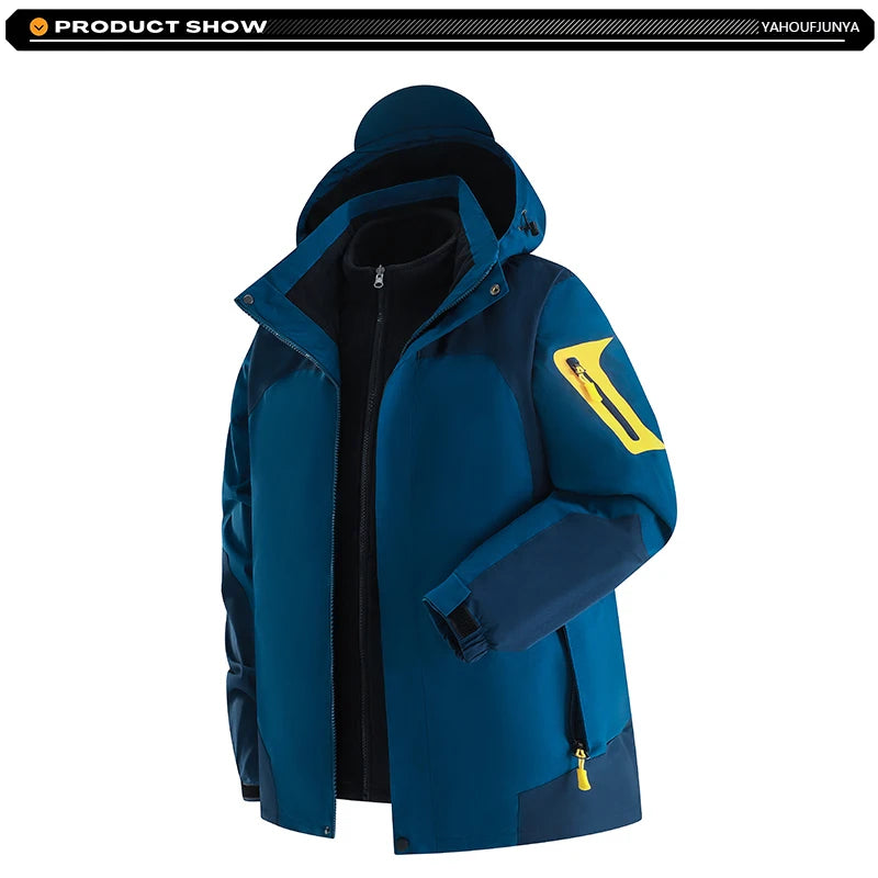 Winter Men Triple Windbreak Thick Warm Removable Hooded Jacket Men Autumn Hiking Outdoor Travel Camping Skiing Jacket Coat Male