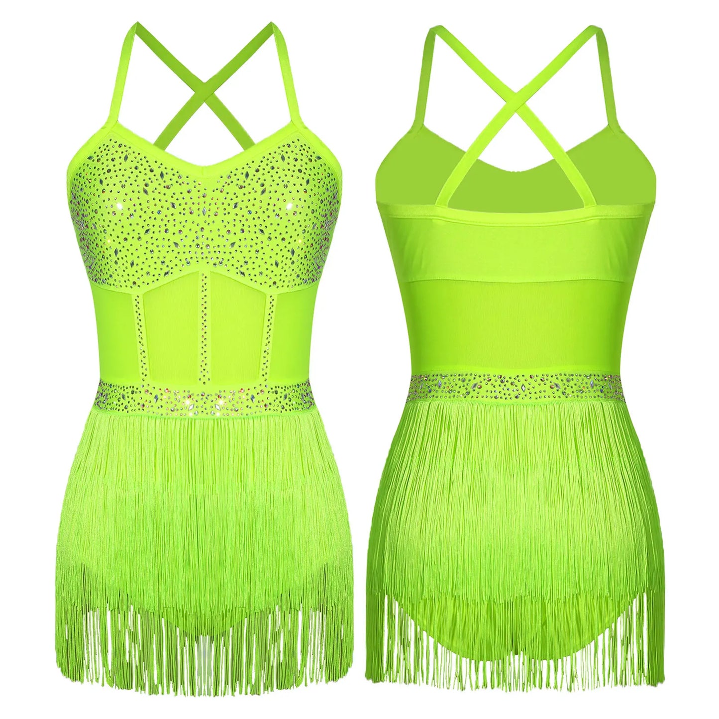 Womens Latin Dance Dress Sheer Mesh Patchwork Tiered Tassel Bodysuit Dress and Gloves for Tango Samba Dance Ballroom Dancewear