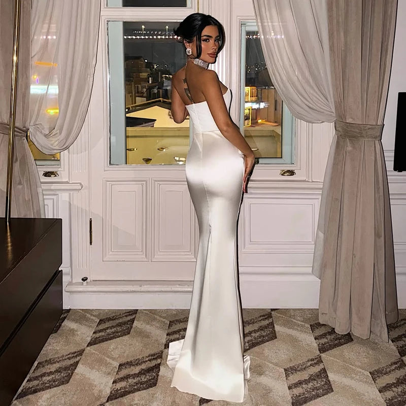 Solid White Strapless High Waist Maxi Dress Women Elegant Sleeveless Backless Pleated Satin Slim Dresses  Party Evening Gowns