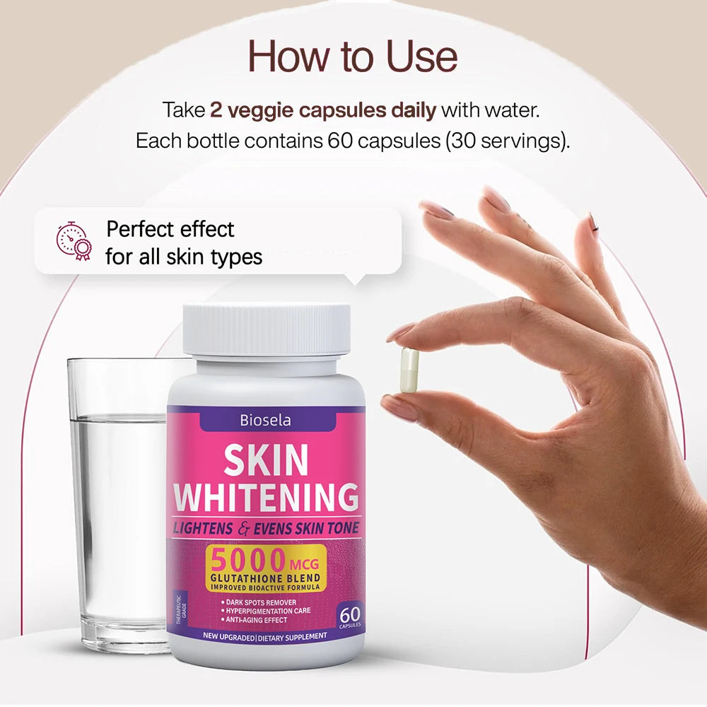 Glutathione Whitening Pills Dark Spots & Acne Scar Remover 5000mcg Vegan Skin Bleaching Pills with Anti-Aging & Antioxidant